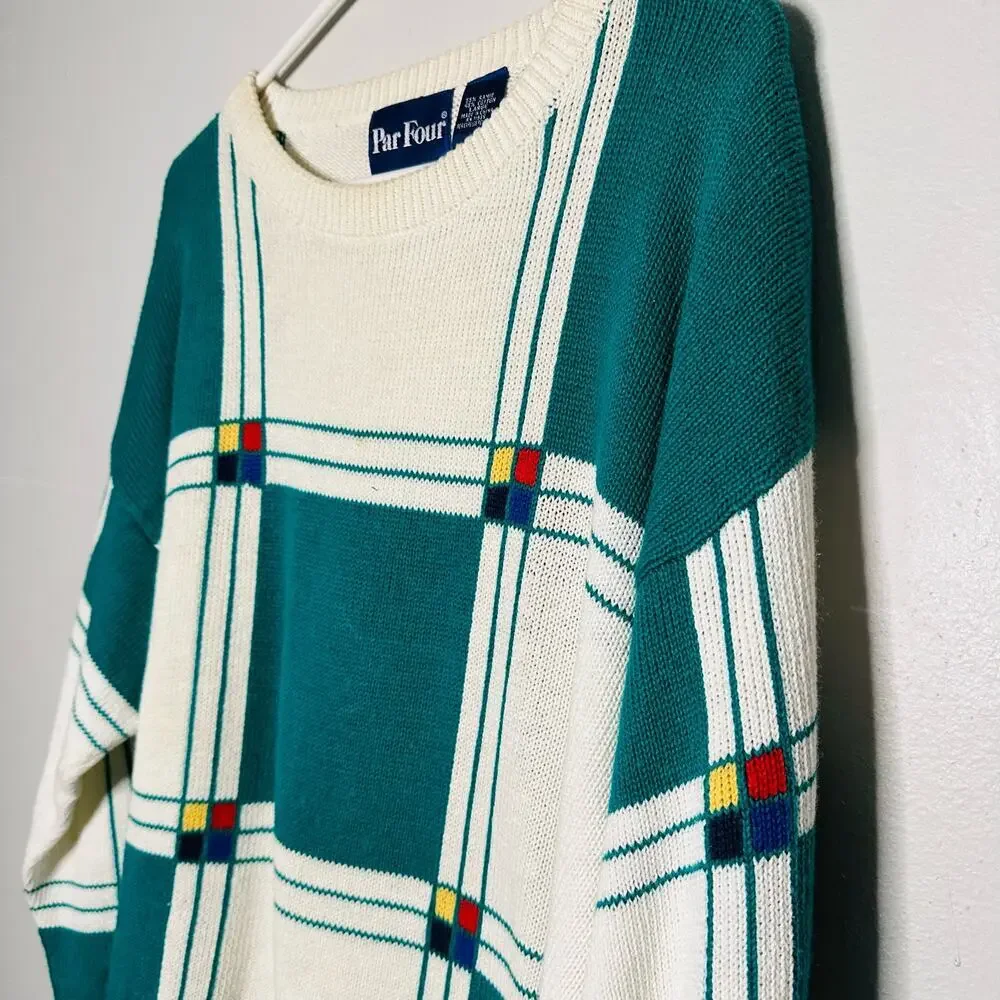 Vintage Par Four Green White Crewneck Oversized Sweater Golf Themed Size L